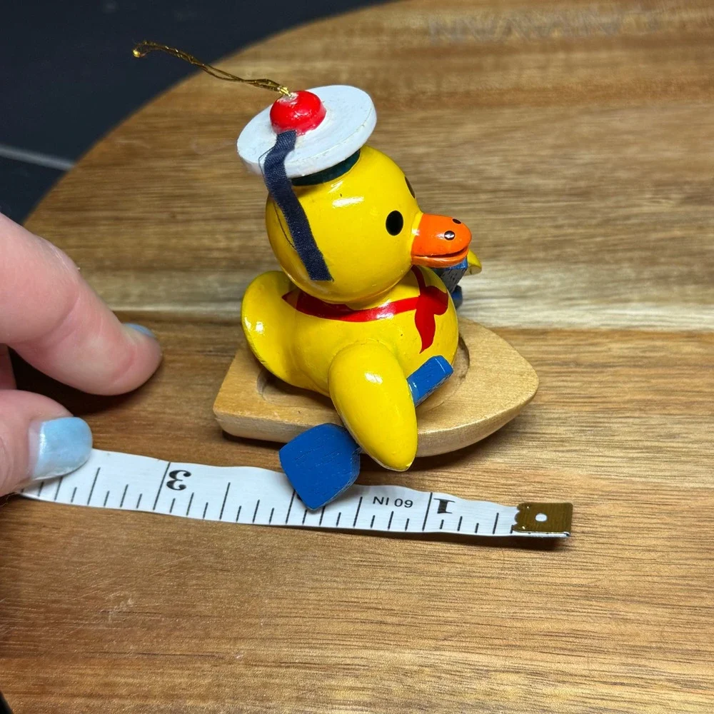 Vintage Wooden Duck Sailor Ornament Rowing Boat Nautical Hand Painted Yellow Oar